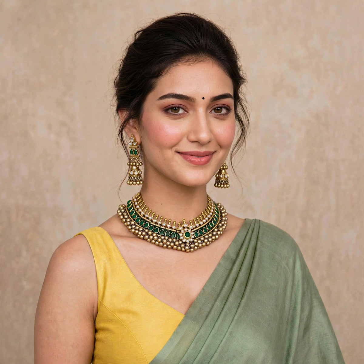 Kundan Choker Necklace Set, Traditional Green Tussi Style, Indian Ethnic Jewelry, Antique Gold Finish