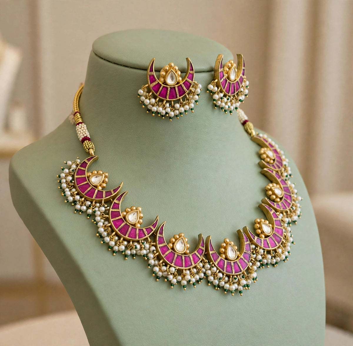 Gold Plated Kundan Choker Necklace Set, Indian Bridal Jewelry, Handmade Earrings