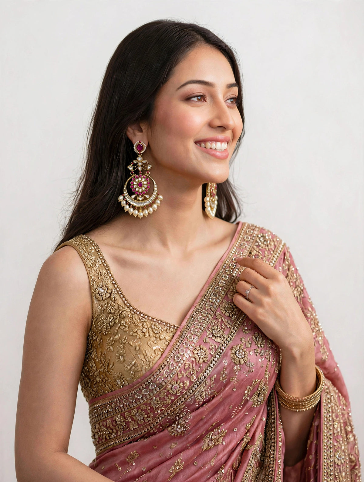 Kundan Chandbali Earrings, Gold Finish, Pearl Drop, Indian Bridal Jewelry