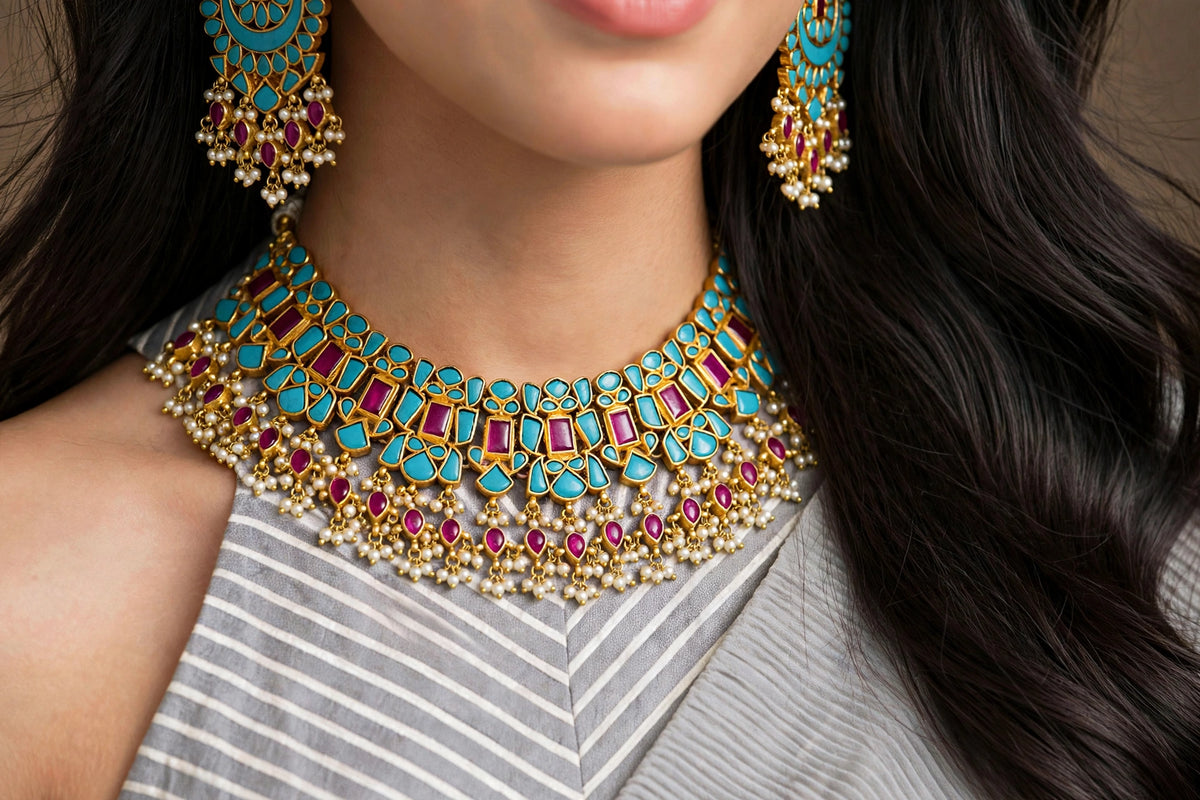 Kundan Choker Necklace & Chandbali Earrings | Gold Plated Indian Jewelry, Turquoise, Ruby Red