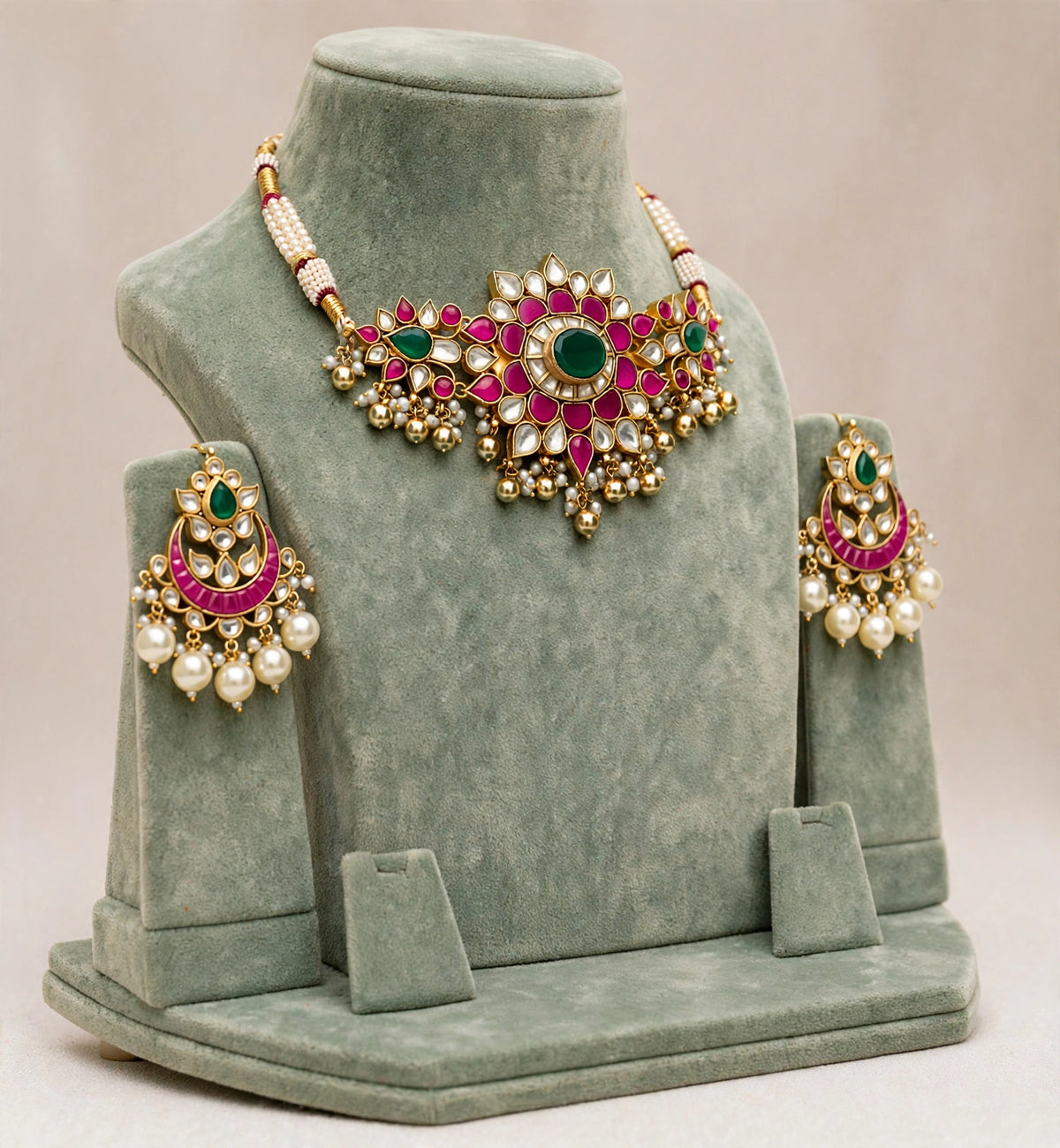Handmade Kundan Choker Necklace Set, 22K Gold Plated, Bollywood Bridal Jewelry