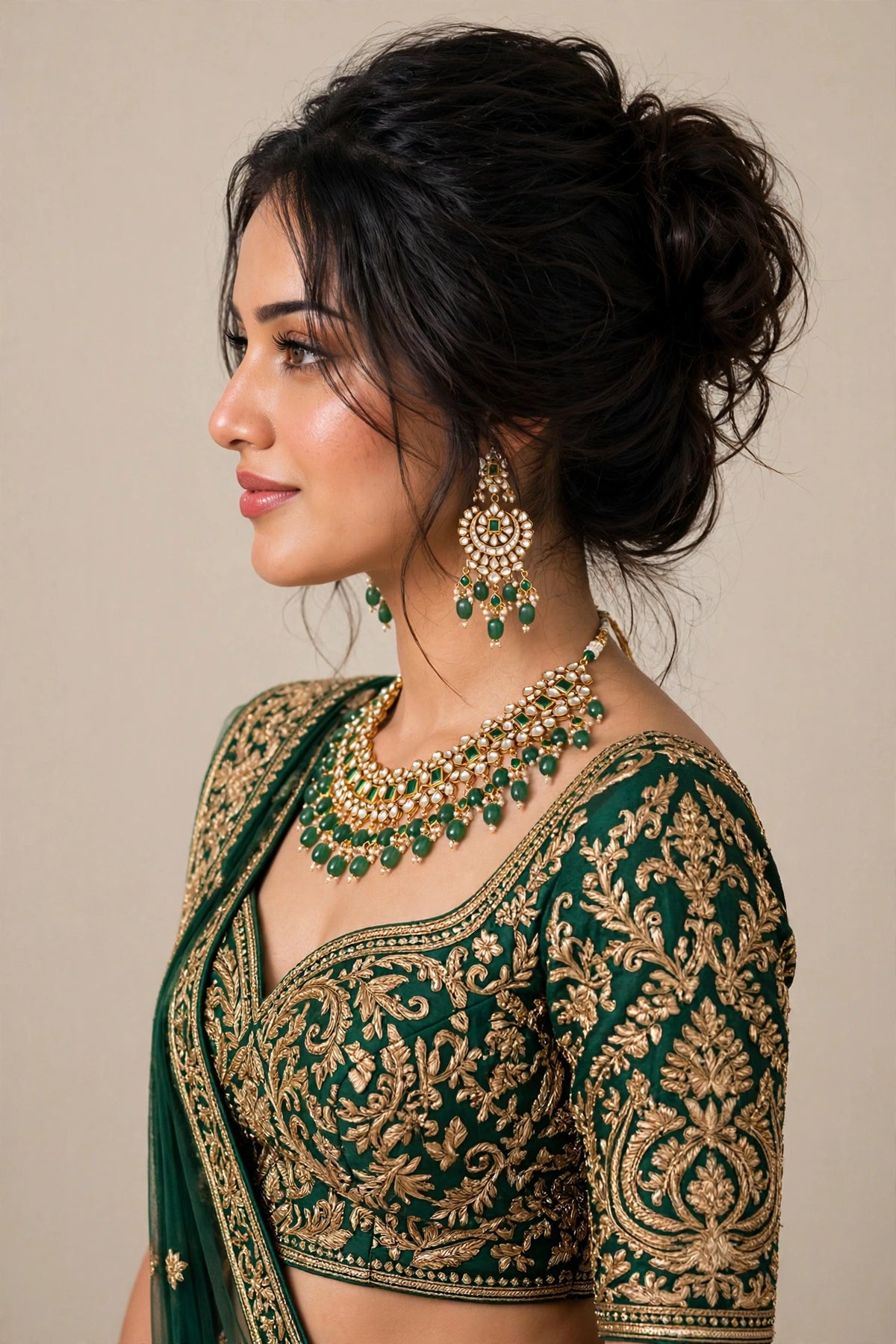 Kundan Jewelry set, Choker Necklace with Chandbali Earrings, Green Bridal Sets
