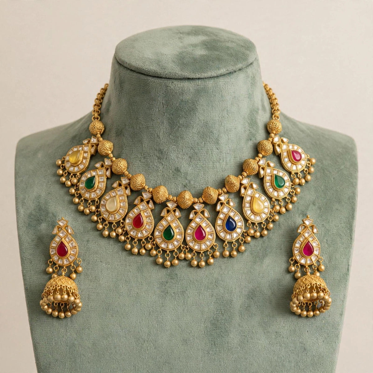 Kundan Choker Necklace, South Indian Jewelry, Handmade Earrings with Jhumki