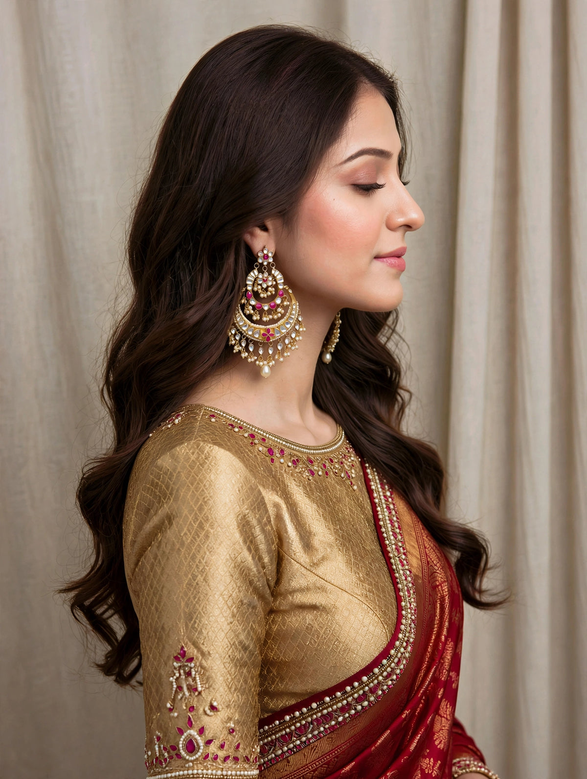 Handmade Kundan Chandbali Earrings, Gold Plated Polki, Indian Jewelry