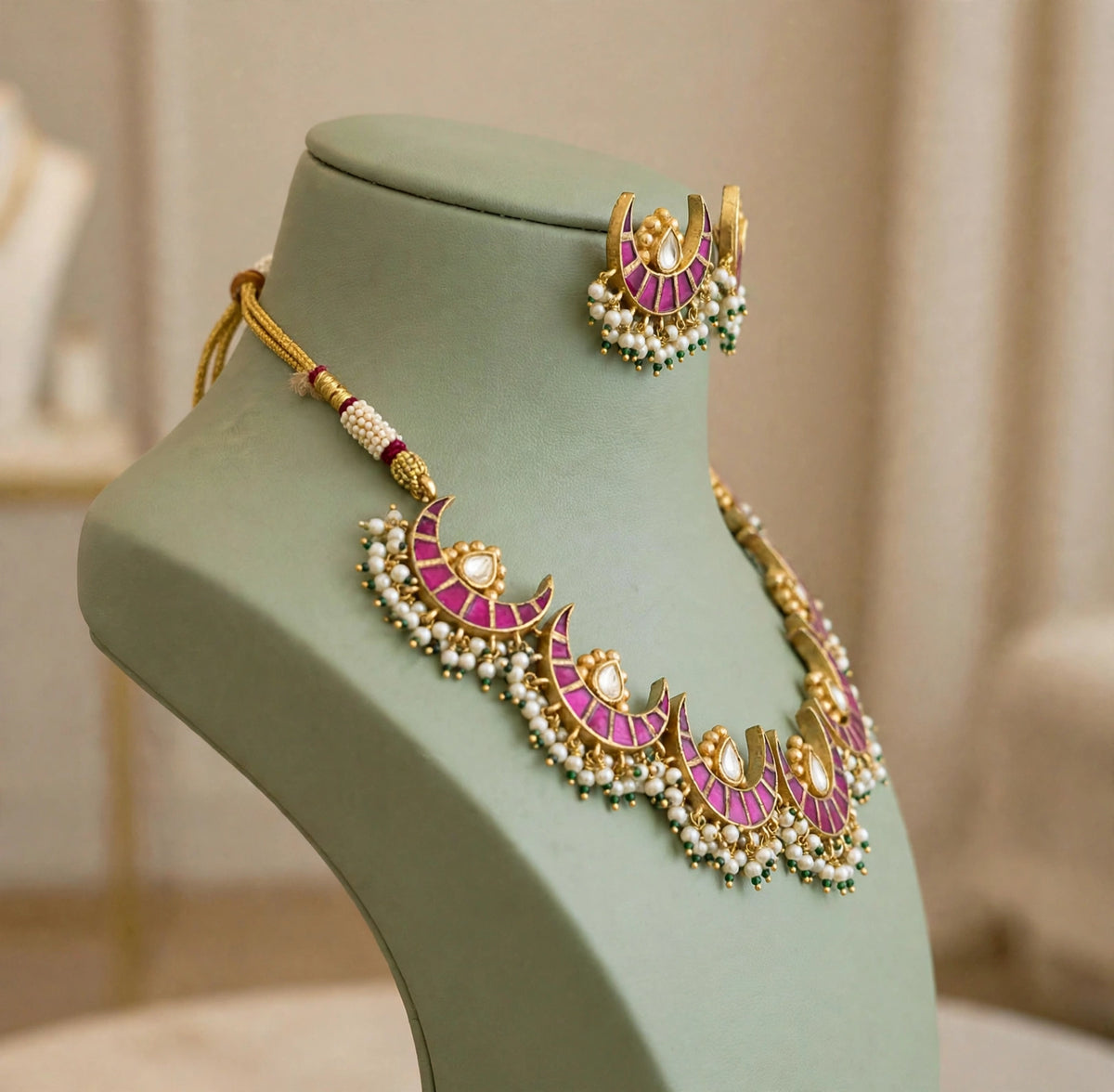 Gold Plated Kundan Choker Necklace Set, Indian Bridal Jewelry, Handmade Earrings