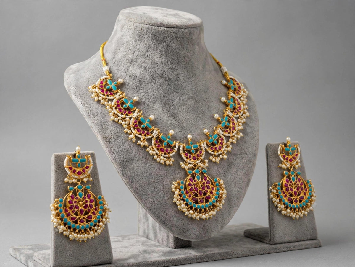 Kundan Jewelry Set | Indian Turquoise Necklace | Handmade Chandbali Earrings