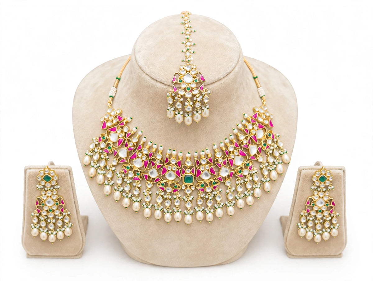 Handmade Kundan Wedding Choker with Earrings and Mangtika