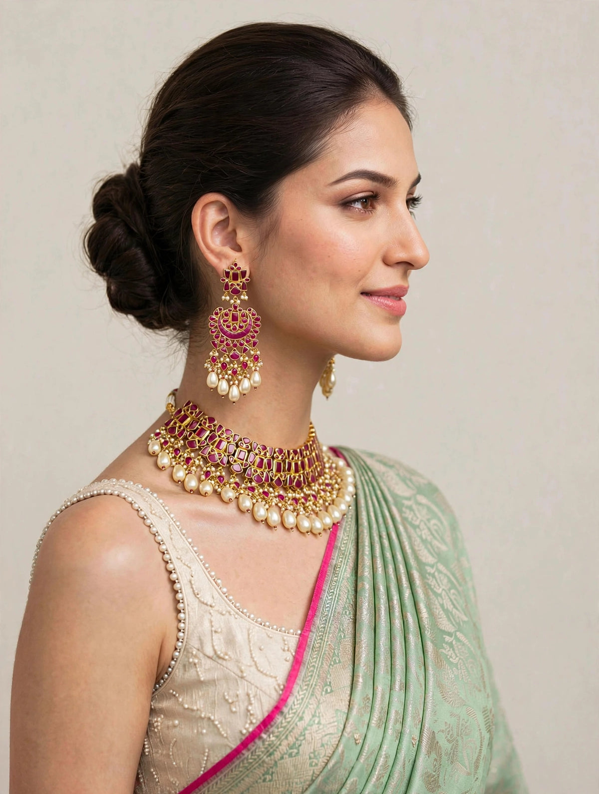 Kundan Jewelry, South Indian Bridal Choker Necklace with Chandbali Earrings
