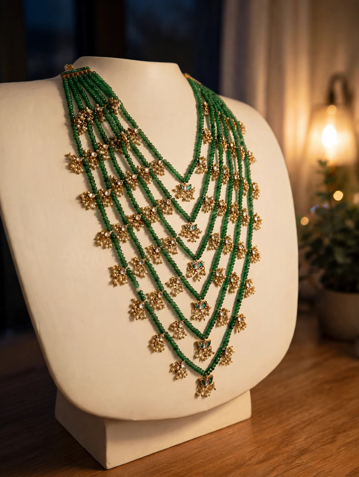 Multi-Layered Kundan Necklace | 22k Gold Plated Indian Bridal Jewelry | Green Satlada Set