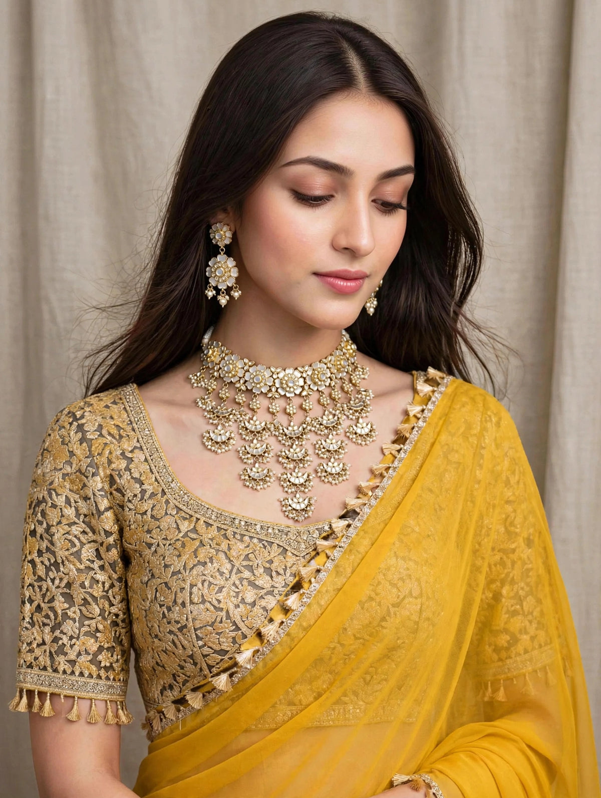 Handmade Kundan Choker Necklace Earrings Set, Gold Plated Mother of Pearl Indian Bridal Jewelry