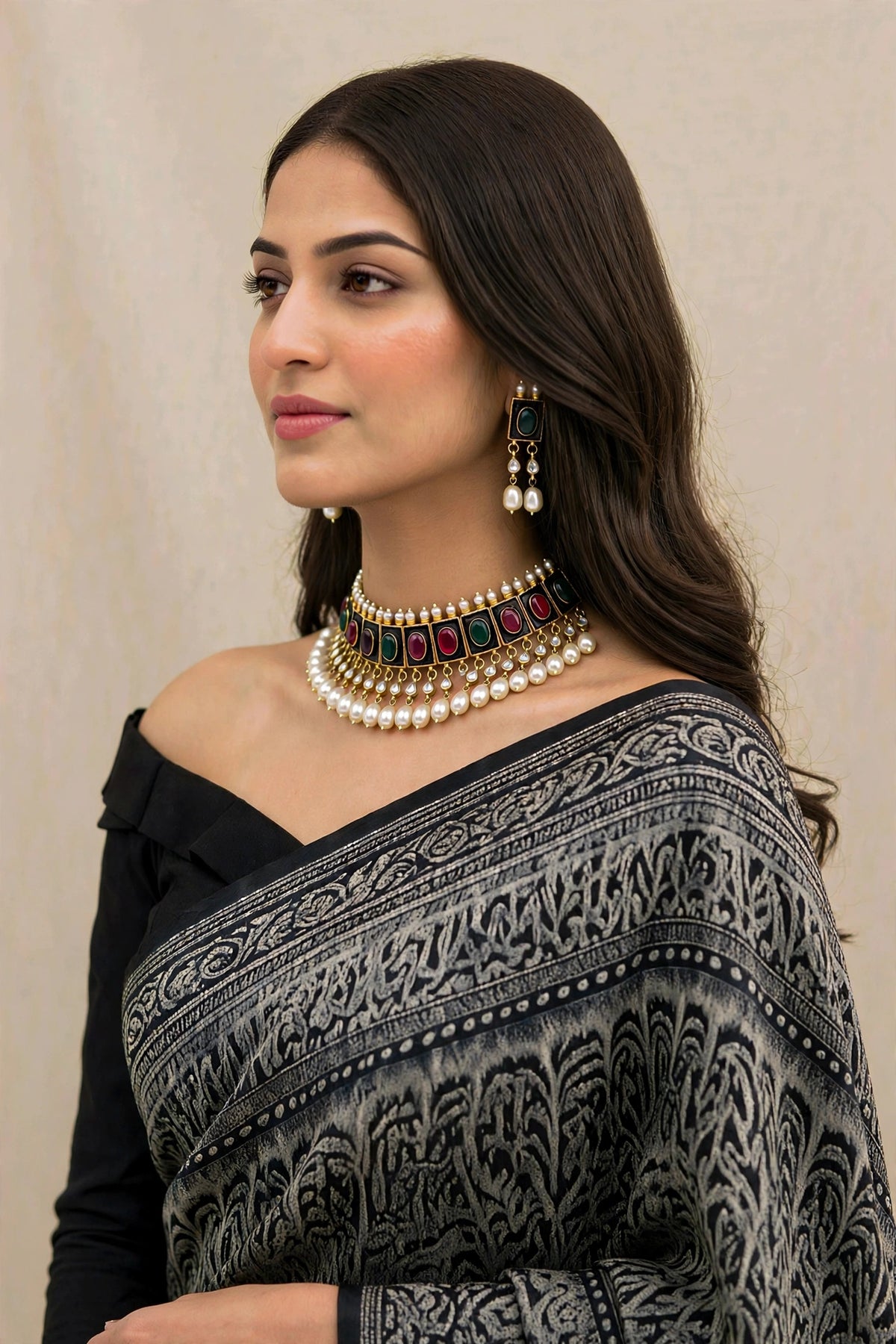 Black Enamelled Designer Kundan Jewellery Set, Statement Choker Necklace with Earrings