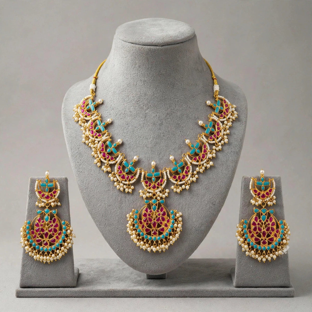 Kundan Jewelry Set | Indian Turquoise Necklace | Handmade Chandbali Earrings
