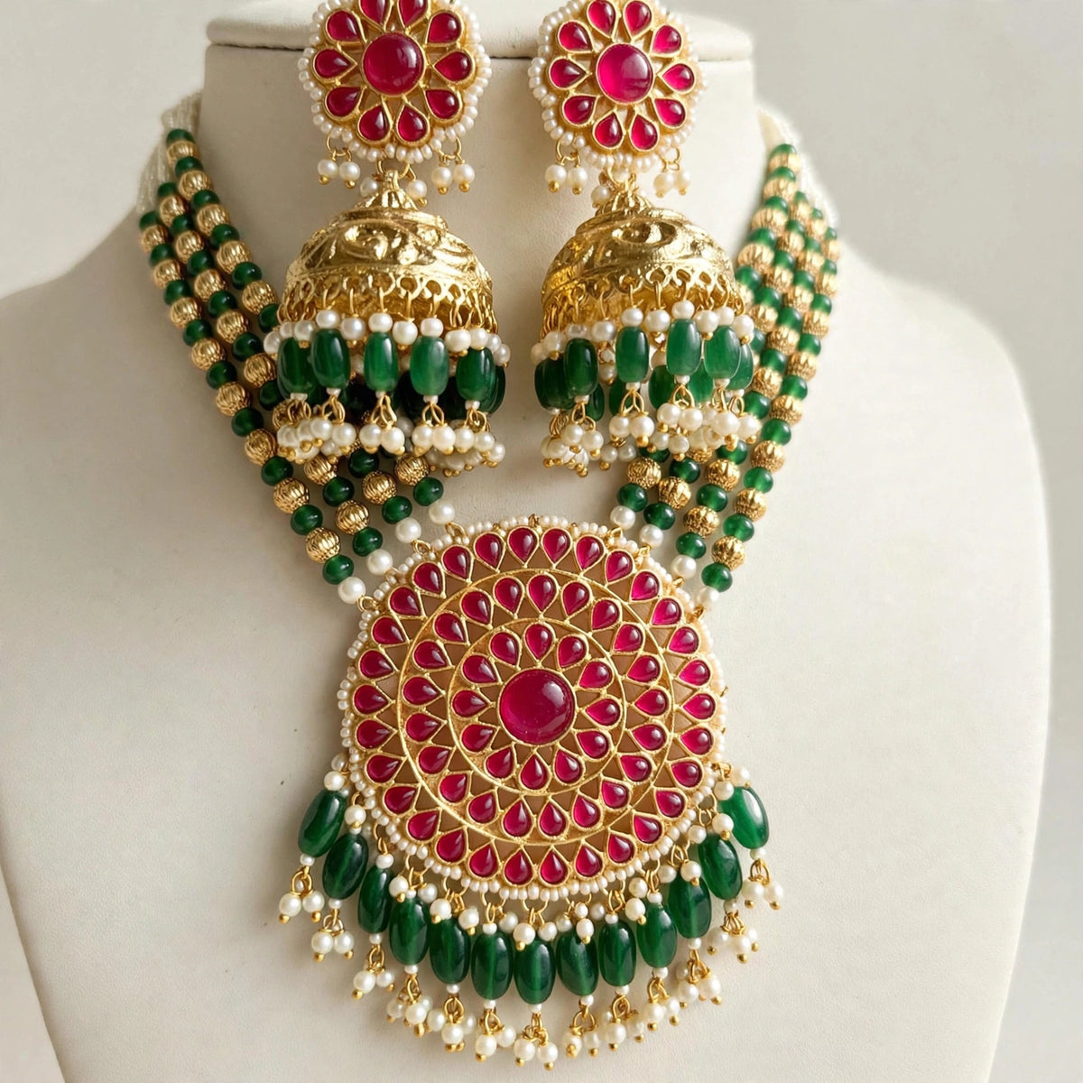 Kundan Necklace & Jhumka Earrings Set, 22K Gold Plated, South Indian Jewelry
