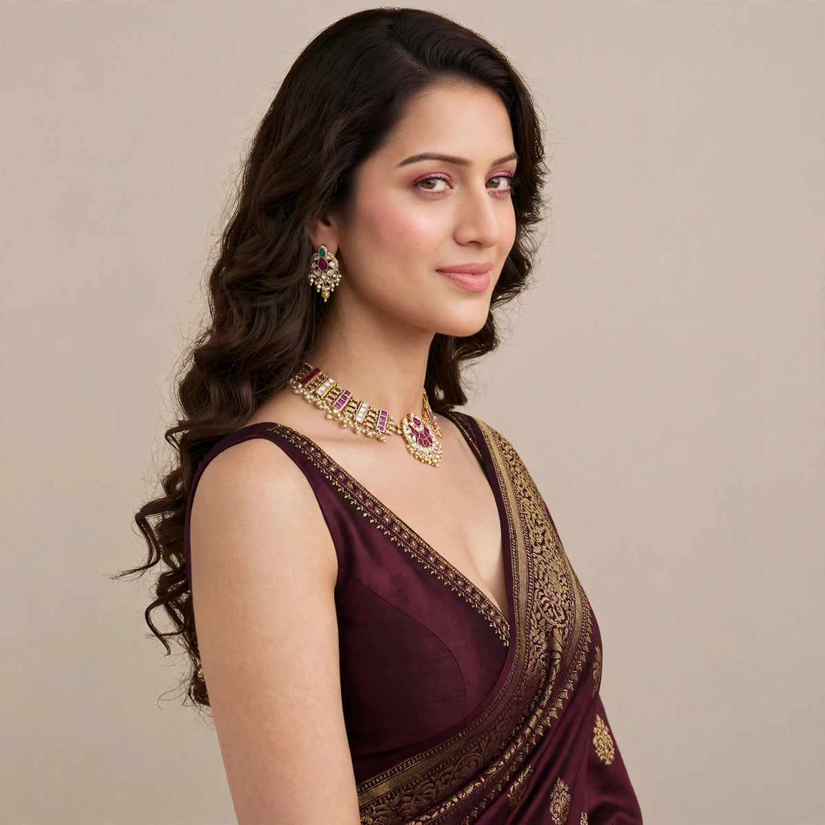Kundan Bridal Jewelry, Gold Plated Choker Necklace with Earrings
