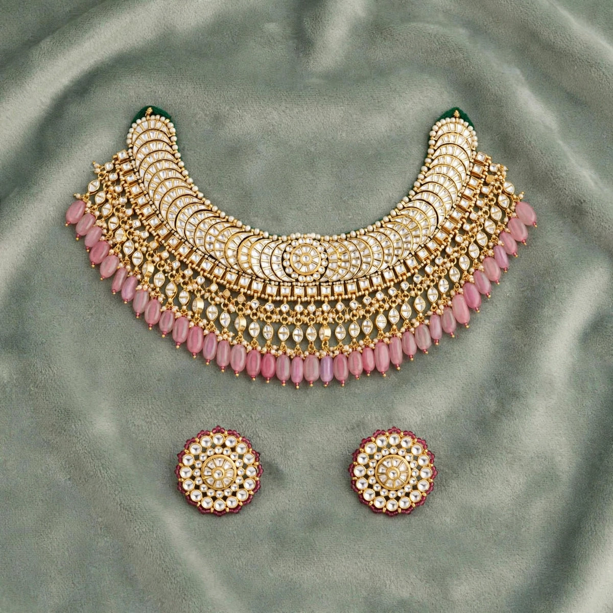 Kundan Jewellery Set with Earrings, Gold Plated Choker Necklace, Traditional Indian Wedding Sets