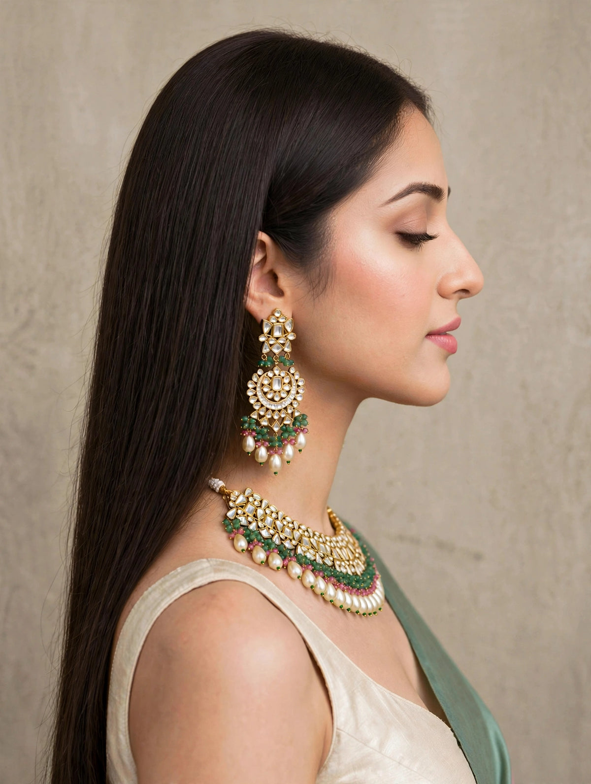 Kundan Choker Necklace Earrings Set, 22k Gold Plated Indian Bridal Jewelry