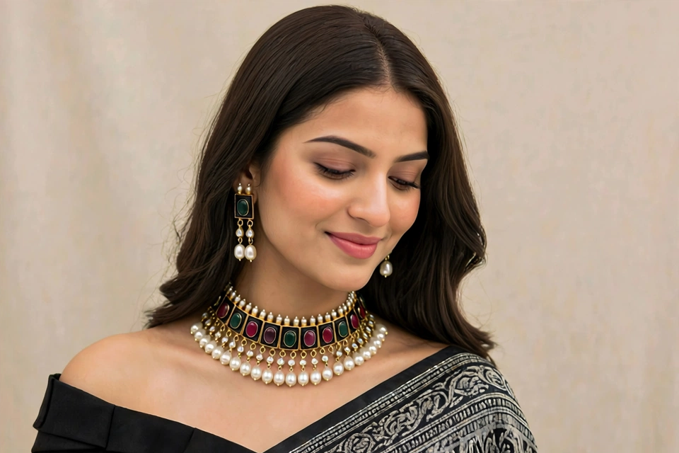 Black Enamelled Designer Kundan Jewellery Set, Statement Choker Necklace with Earrings