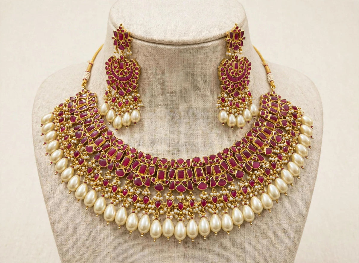 Kundan Jewelry, South Indian Bridal Choker Necklace with Chandbali Earrings