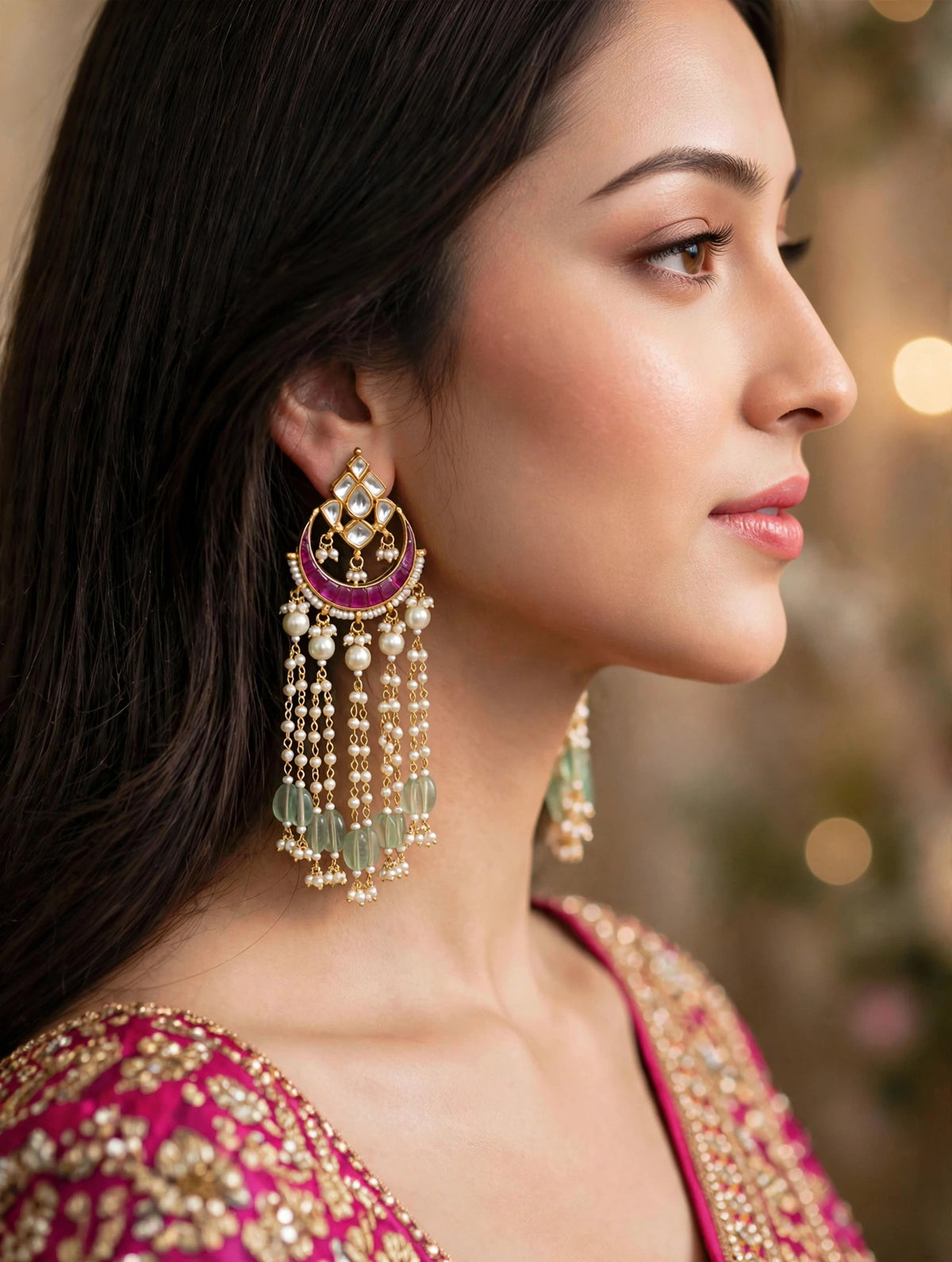 Handmade Kundan Chandbali Earrings, Gold Plated Pearl Hangings
