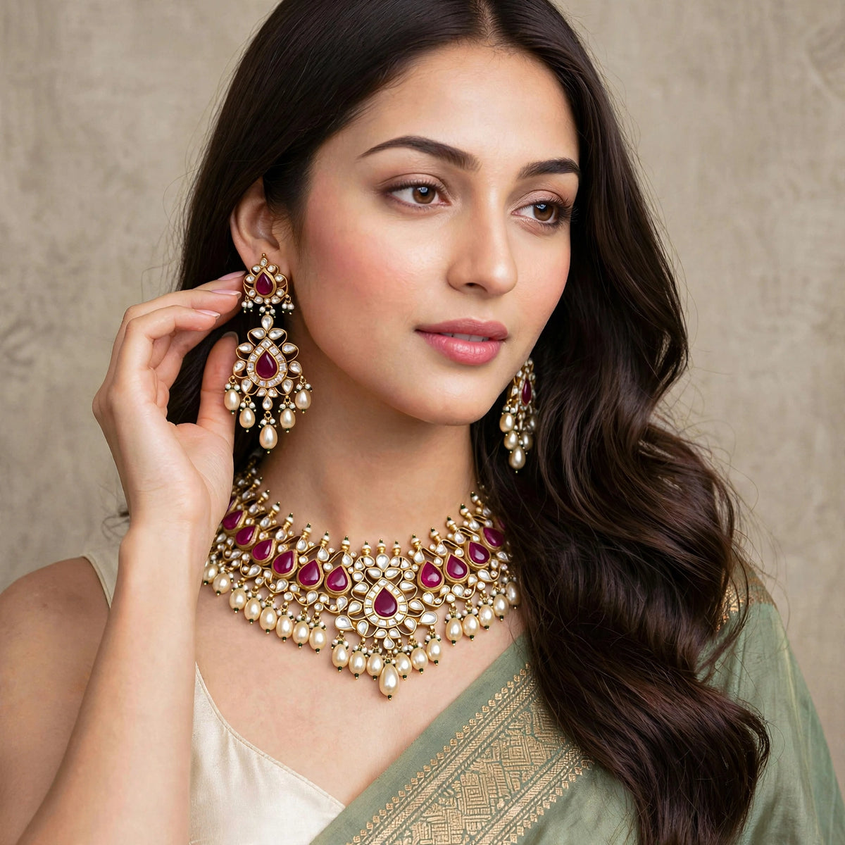 Handmade Kundan Choker Necklace Earrings Set, 22K Gold Plated Indian Bridal Jewelry