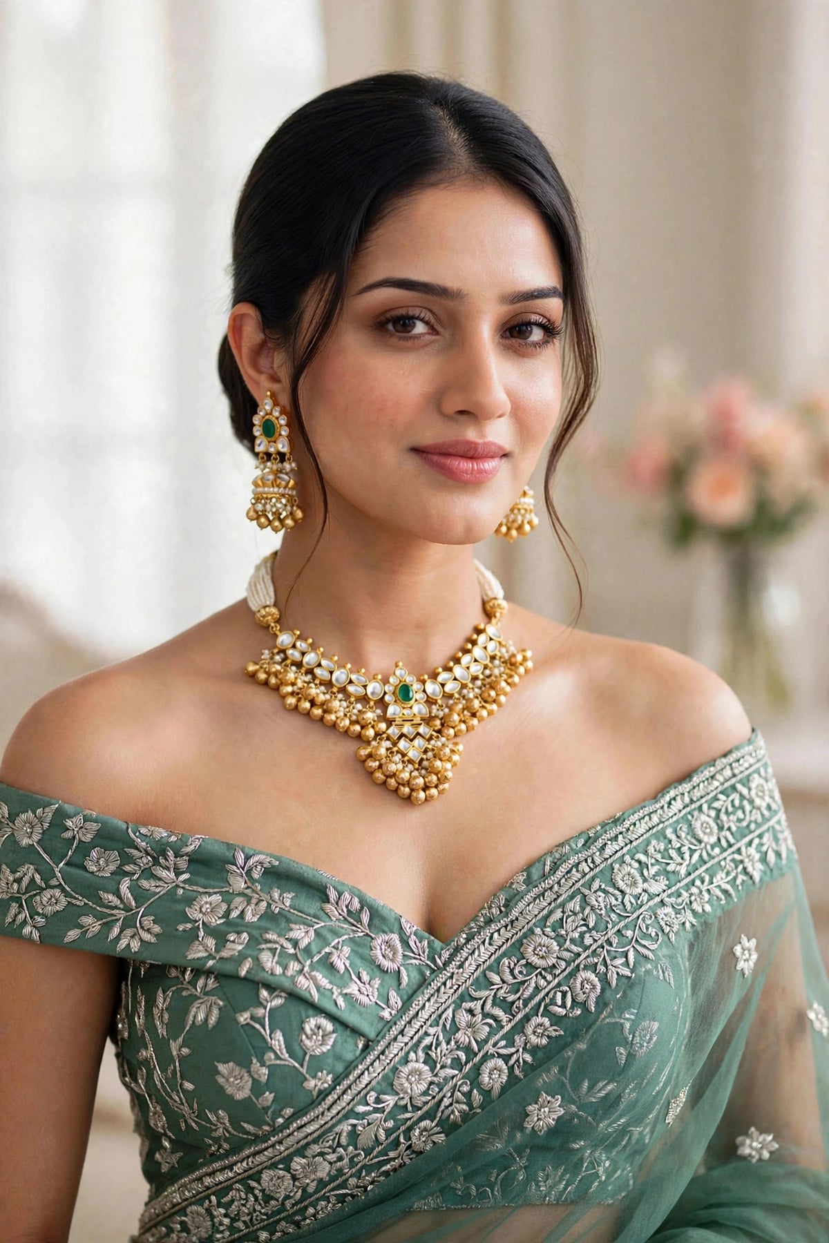 Kundan Choker Necklace Set, Gold Plated Indian Bridal Jewelry