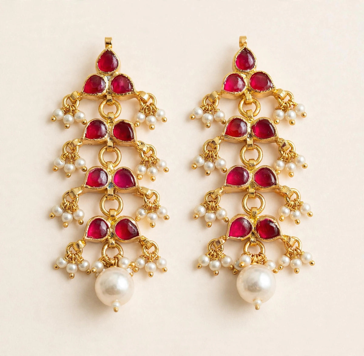 Handmade Kundan Earrings: Pink Stone Pearl Hanging Earring
