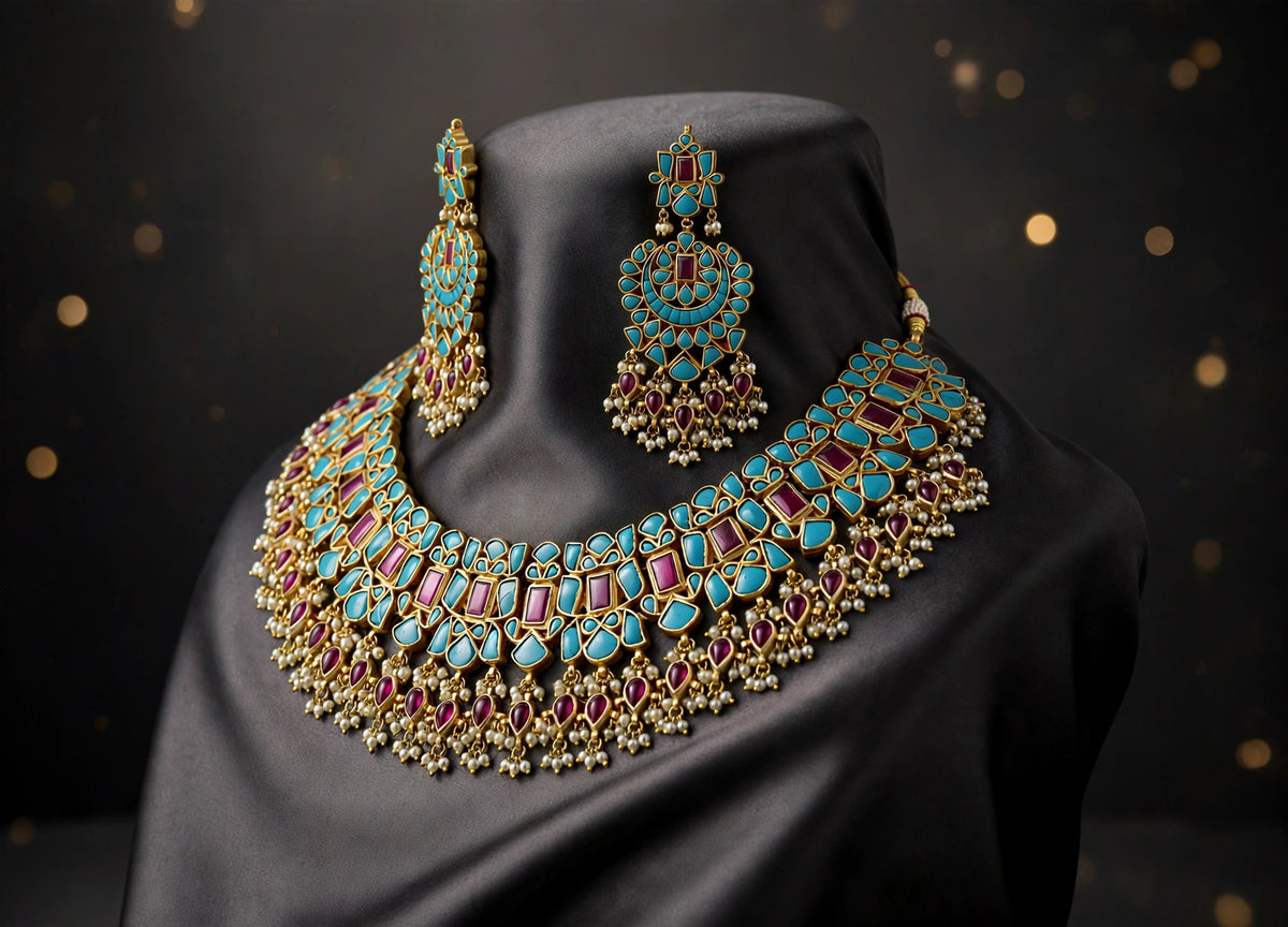 Kundan Choker Necklace & Chandbali Earrings | Gold Plated Indian Jewelry, Turquoise, Ruby Red