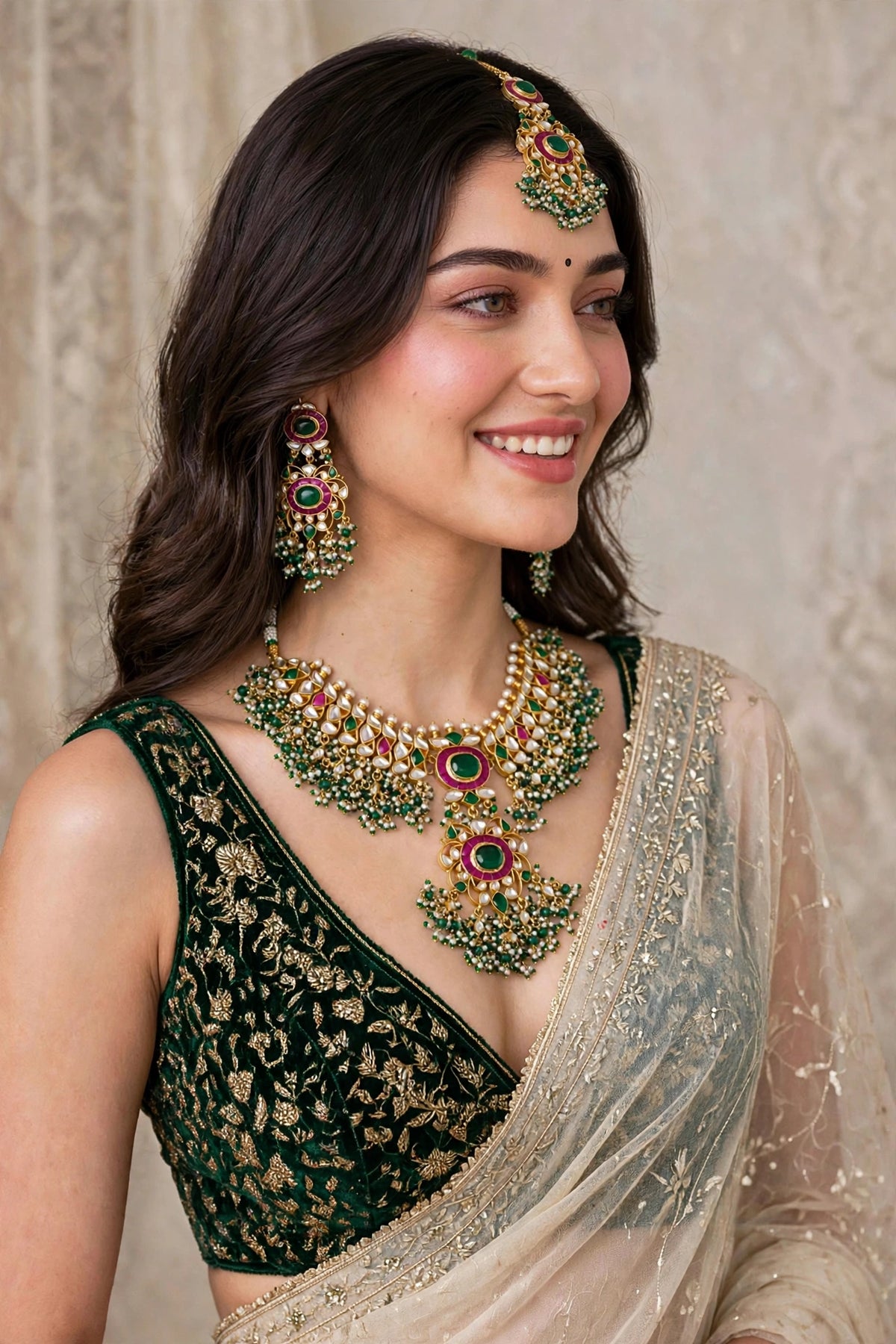 Kundan Choker Necklace Set with Earrings & Maang Tikka | Green Stone Indian Wedding Jewelry