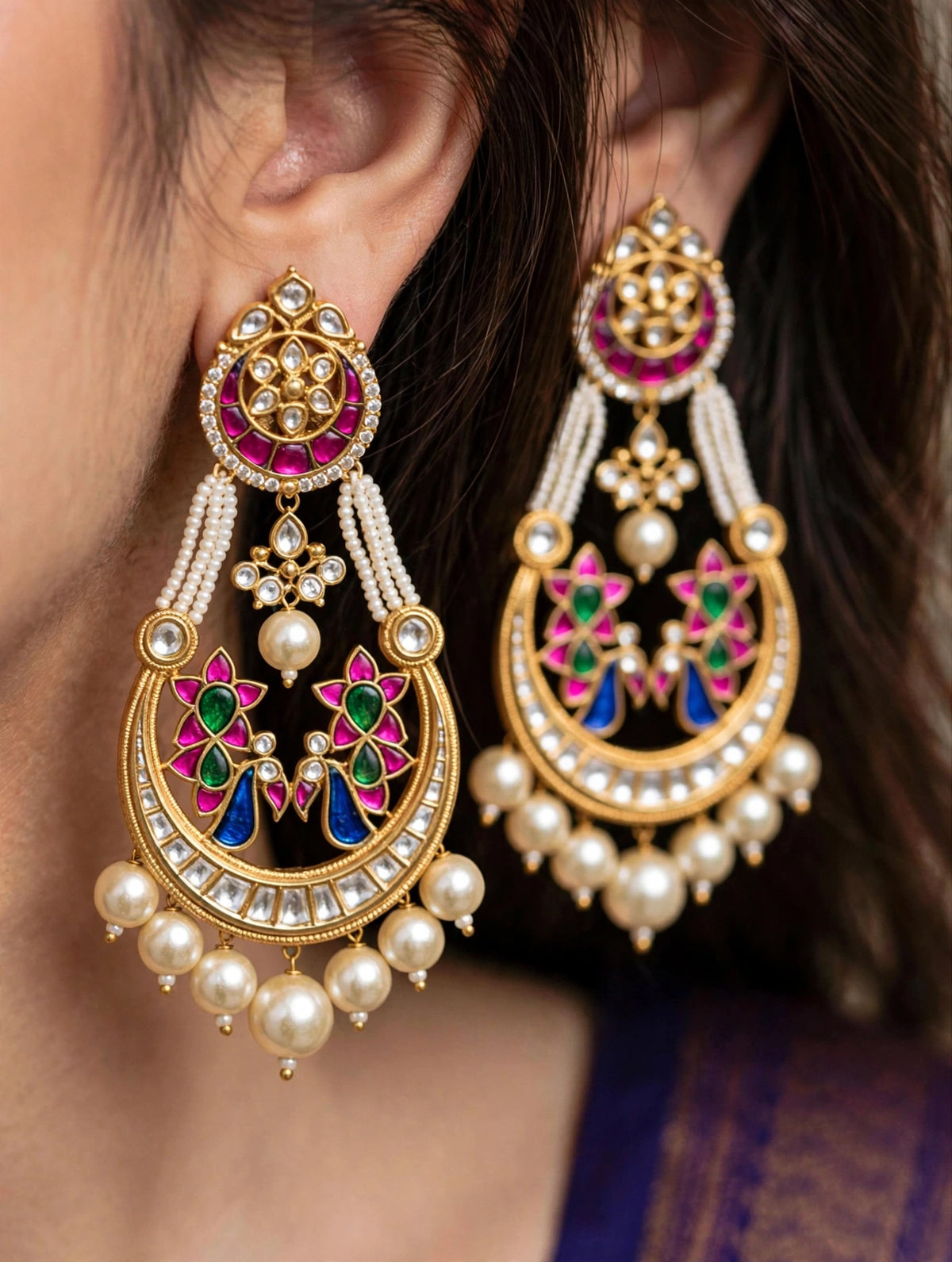 Handmade Kundan Chandbali Earrings, Gold Plated Indian Jewelry