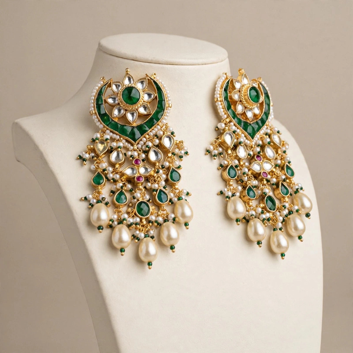 Handmade Green Kundan Chandbali Earrings, Gold Plated Indian Bridal Jewelry