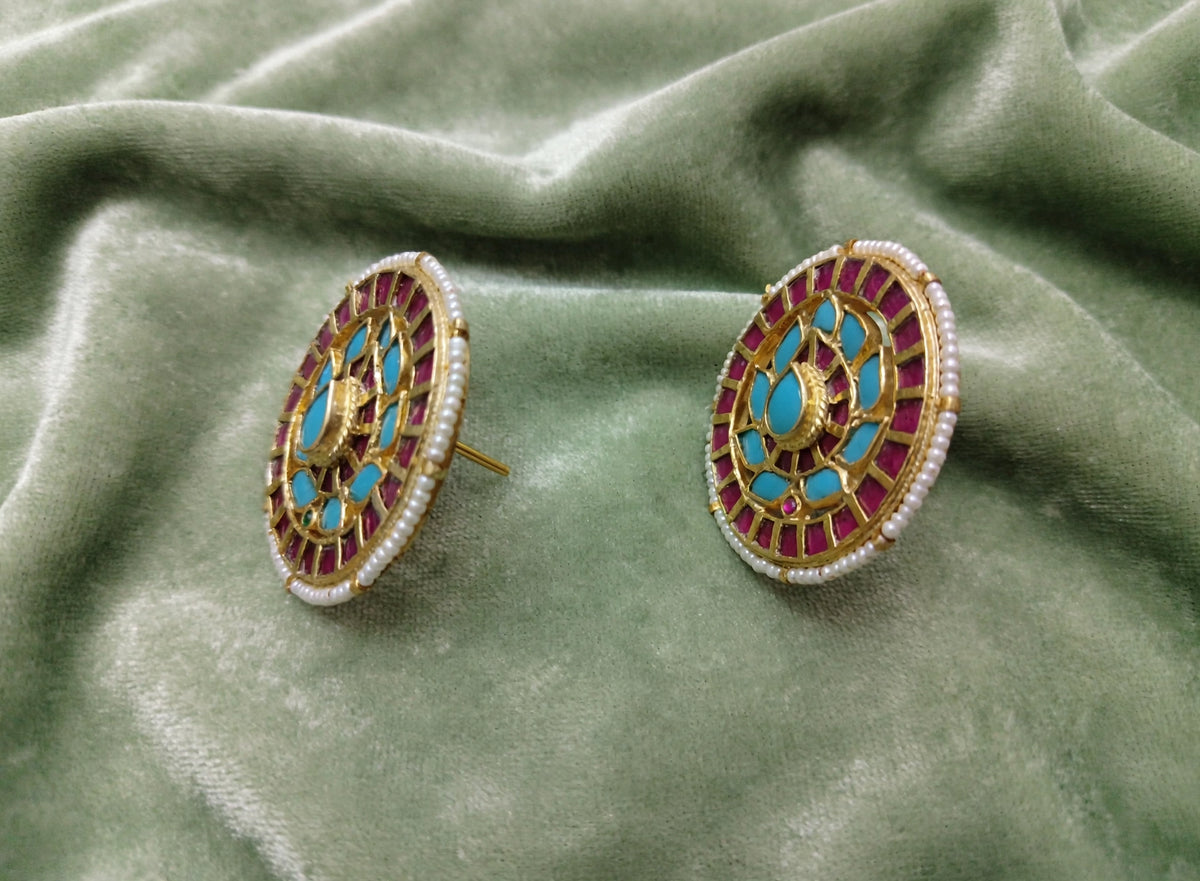 Handmade Kundan Earrings, Indian Bridal Jewelry, Turquoise & Pink