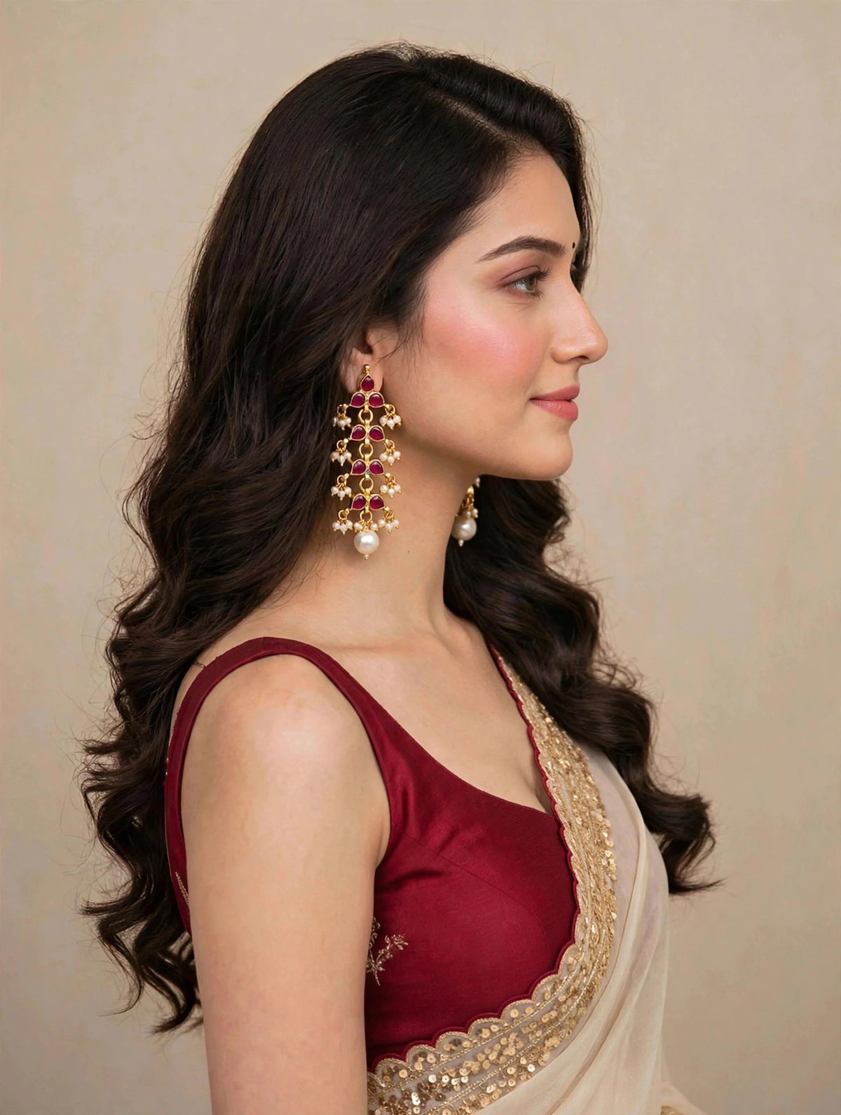 Handmade Kundan Earrings: Pink Stone Pearl Hanging Earring