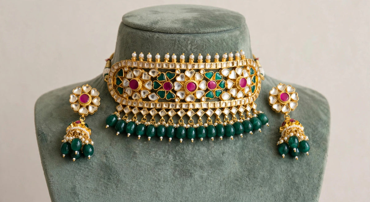 Indian Traditional Kundan Choker Set, 22K Gold Plated Indian Bridal Collar Necklace