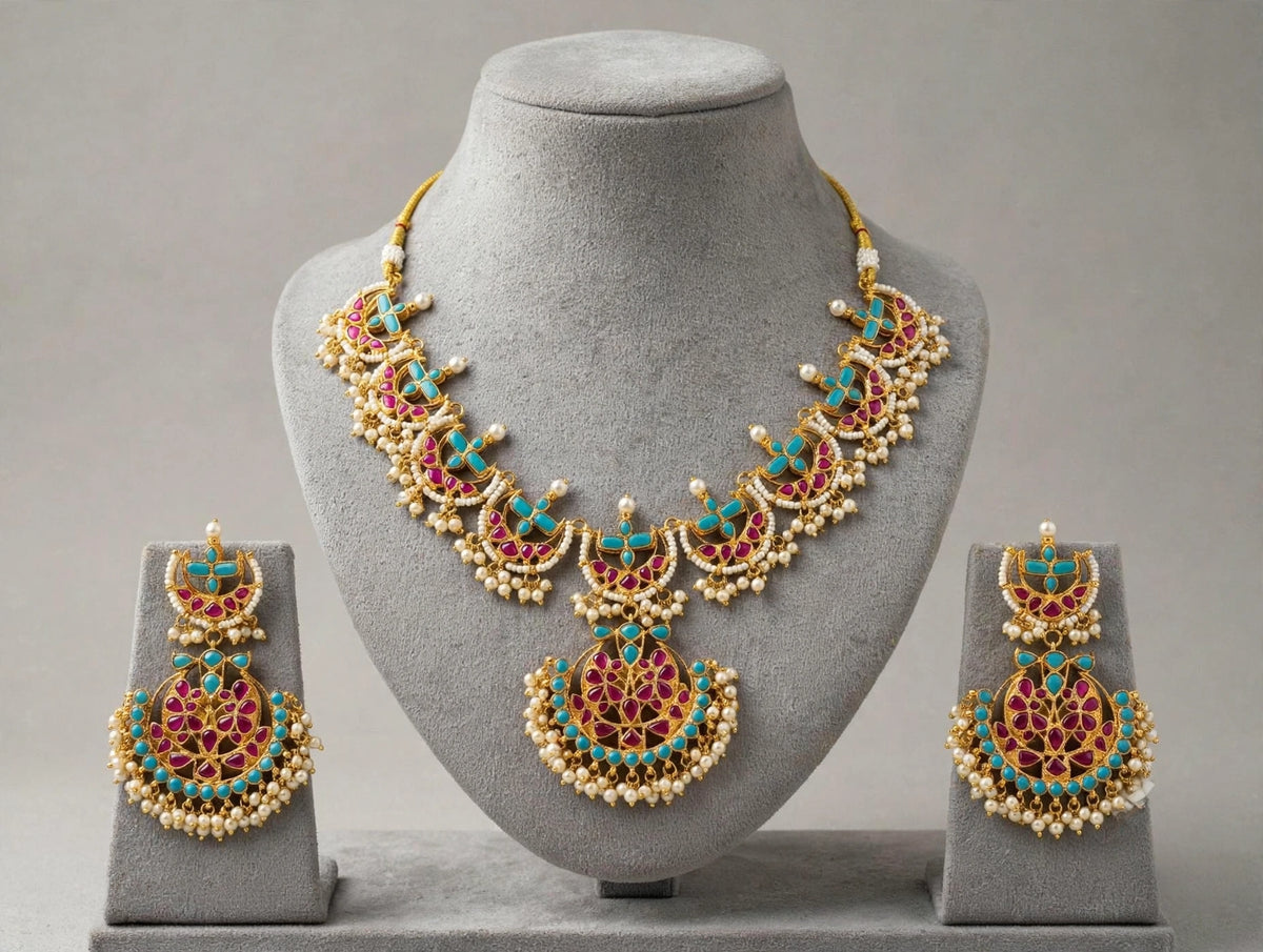 Kundan Jewelry Set | Indian Turquoise Necklace | Handmade Chandbali Earrings
