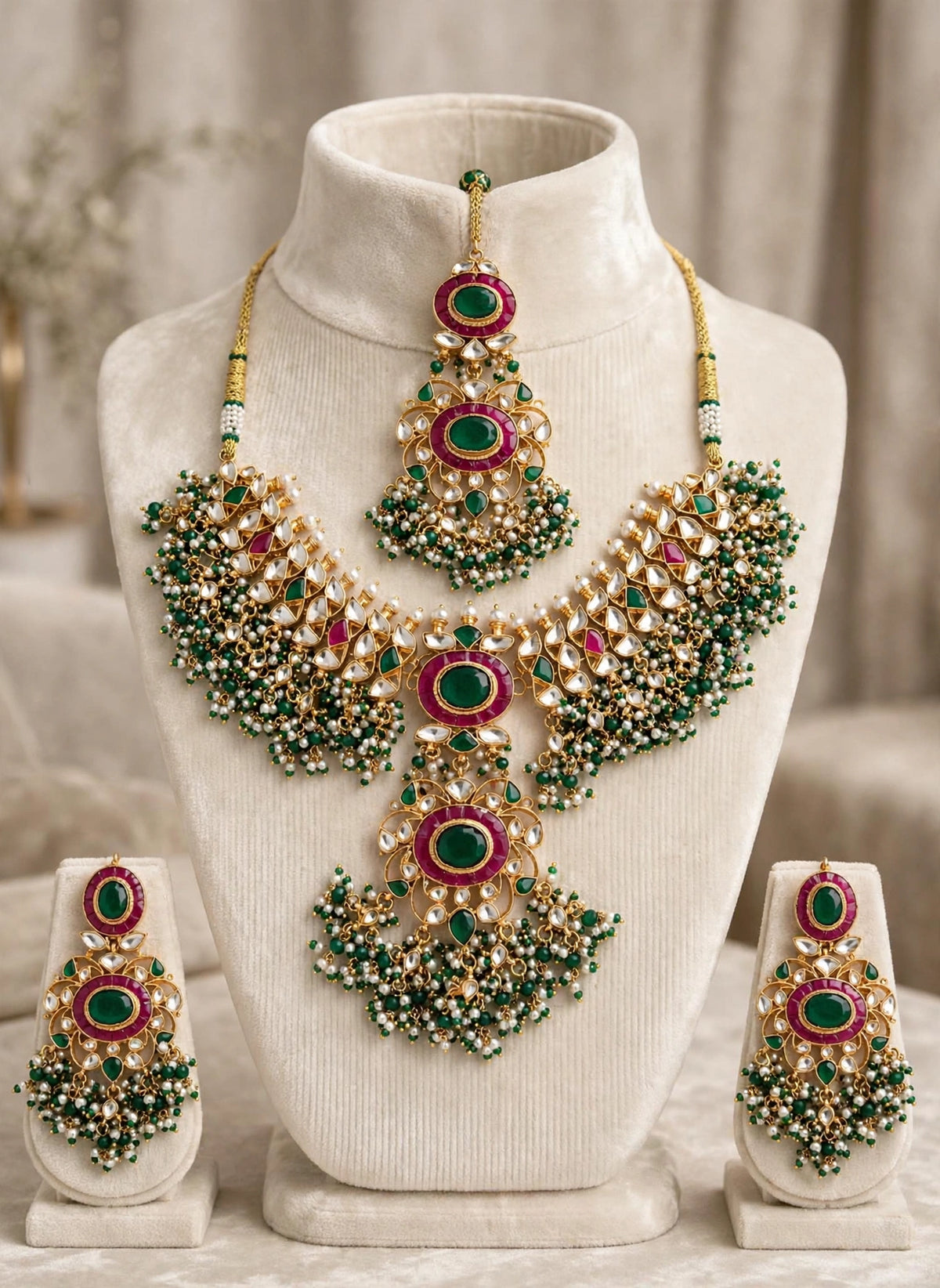 Kundan Choker Necklace Set with Earrings & Maang Tikka | Green Stone Indian Wedding Jewelry