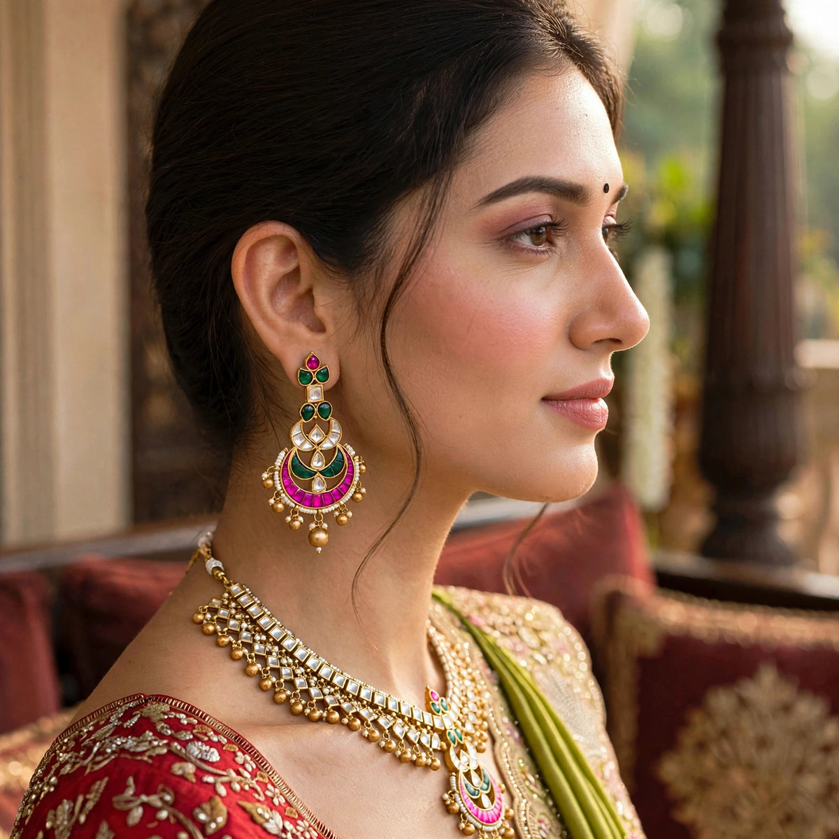 Handmade Kundan Bridal Jewelry Set, Gold Plated Wedding Necklace