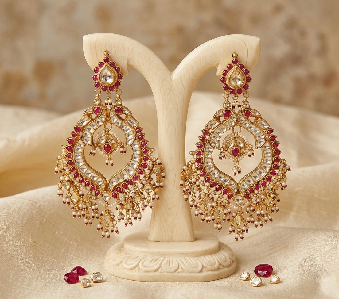Kundan Chandbali Earrings, Indian Bridal Jewelry, Handmade Statement Earrings