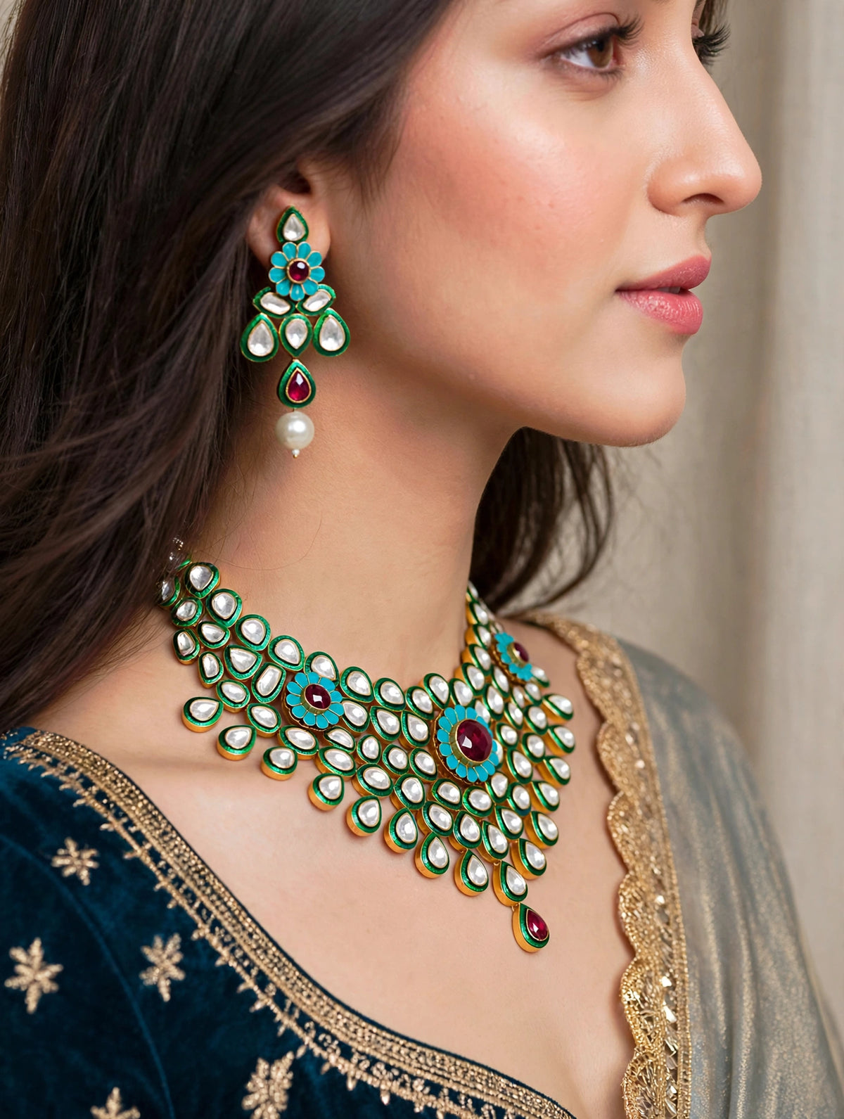 Kundan Choker Necklace with Earring | Indian Heirloom Bridal Jewellery Set | Green Enamel