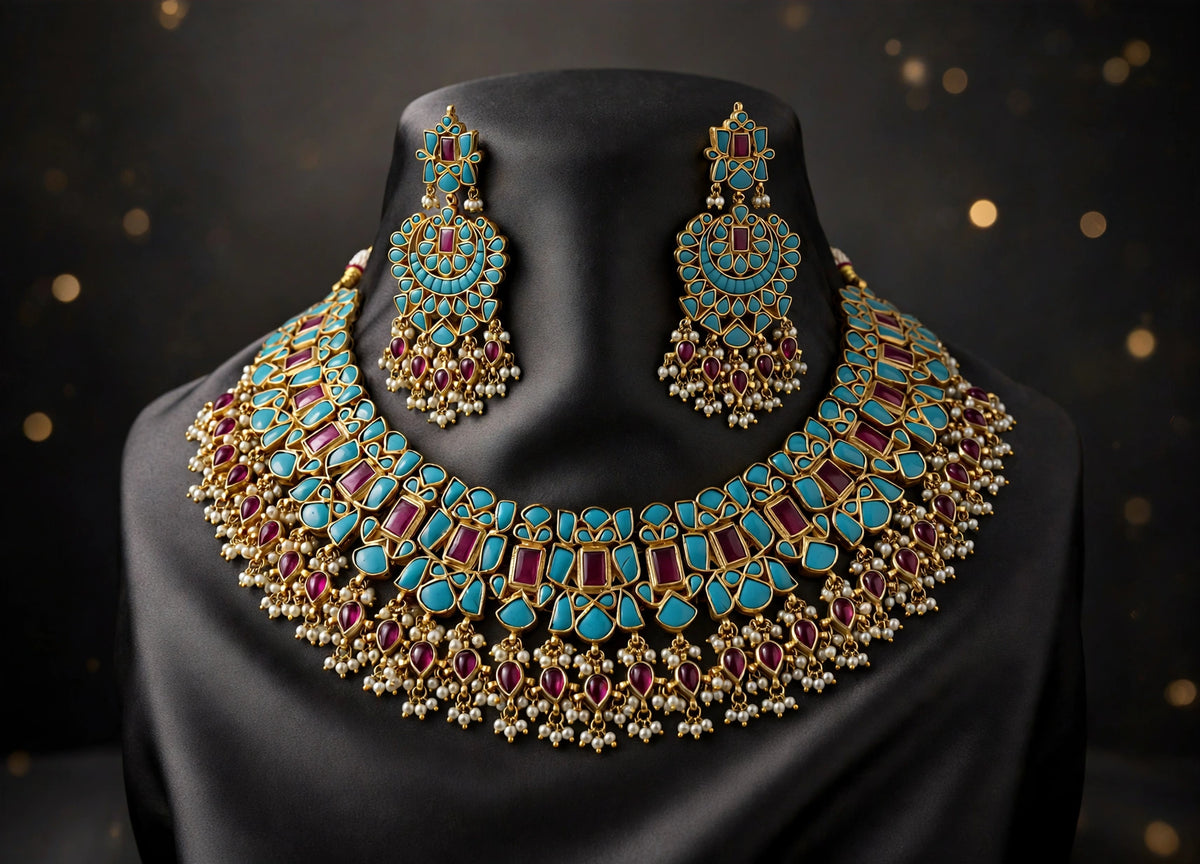 Kundan Choker Necklace & Chandbali Earrings | Gold Plated Indian Jewelry, Turquoise, Ruby Red