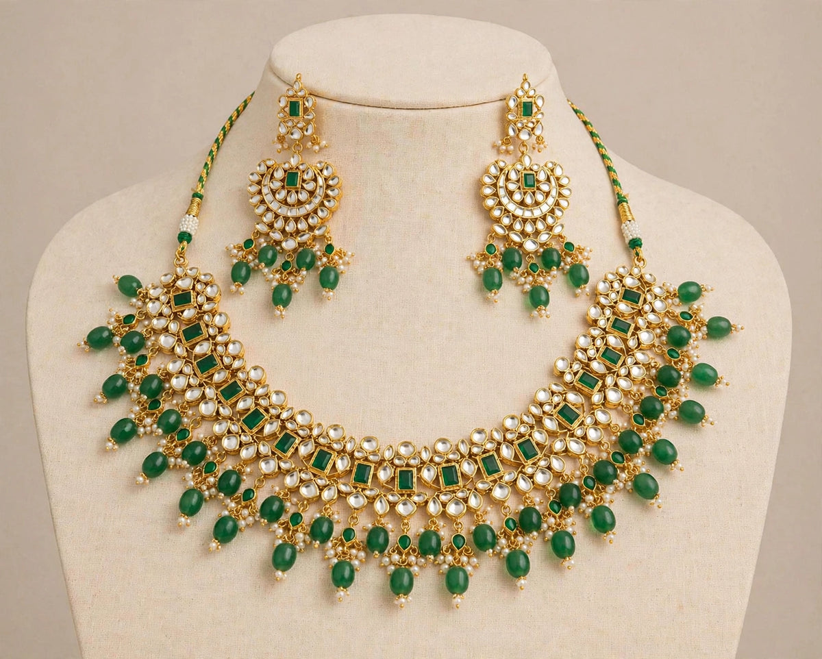 Kundan Jewelry set, Choker Necklace with Chandbali Earrings, Green Bridal Sets