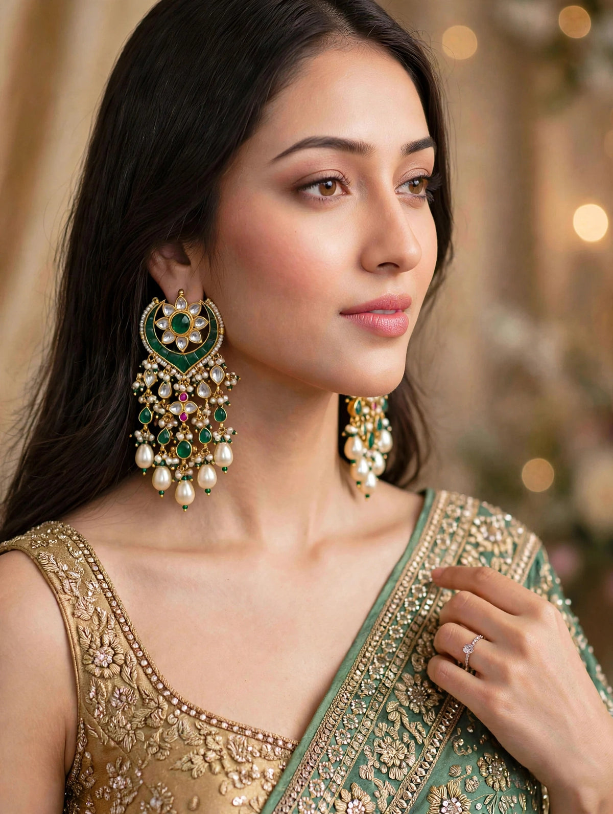 Handmade Green Kundan Chandbali Earrings, Gold Plated Indian Bridal Jewelry