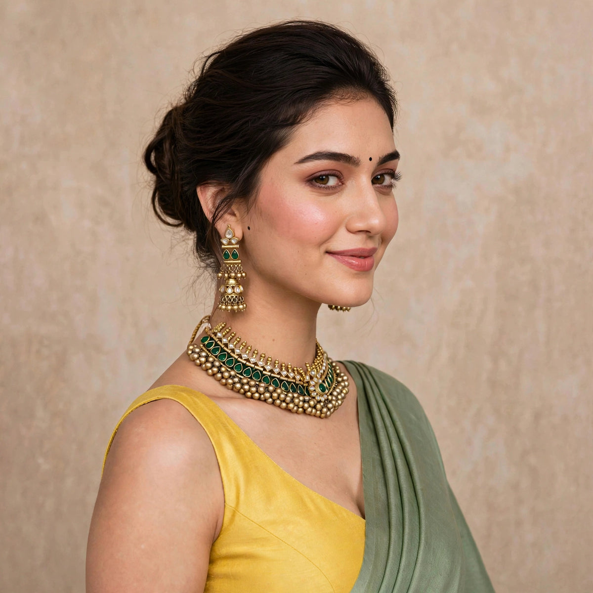 Kundan Choker Necklace Set, Traditional Green Tussi Style, Indian Ethnic Jewelry, Antique Gold Finish