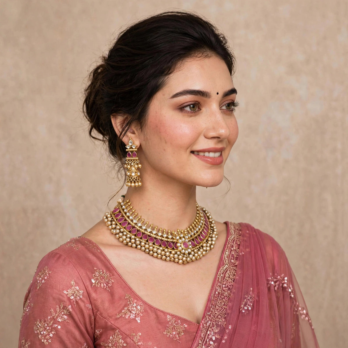 Kundan Choker Necklace Set, Ruby red Tussi Style, Indian Handmade Jewelry, Antique Gold Finish