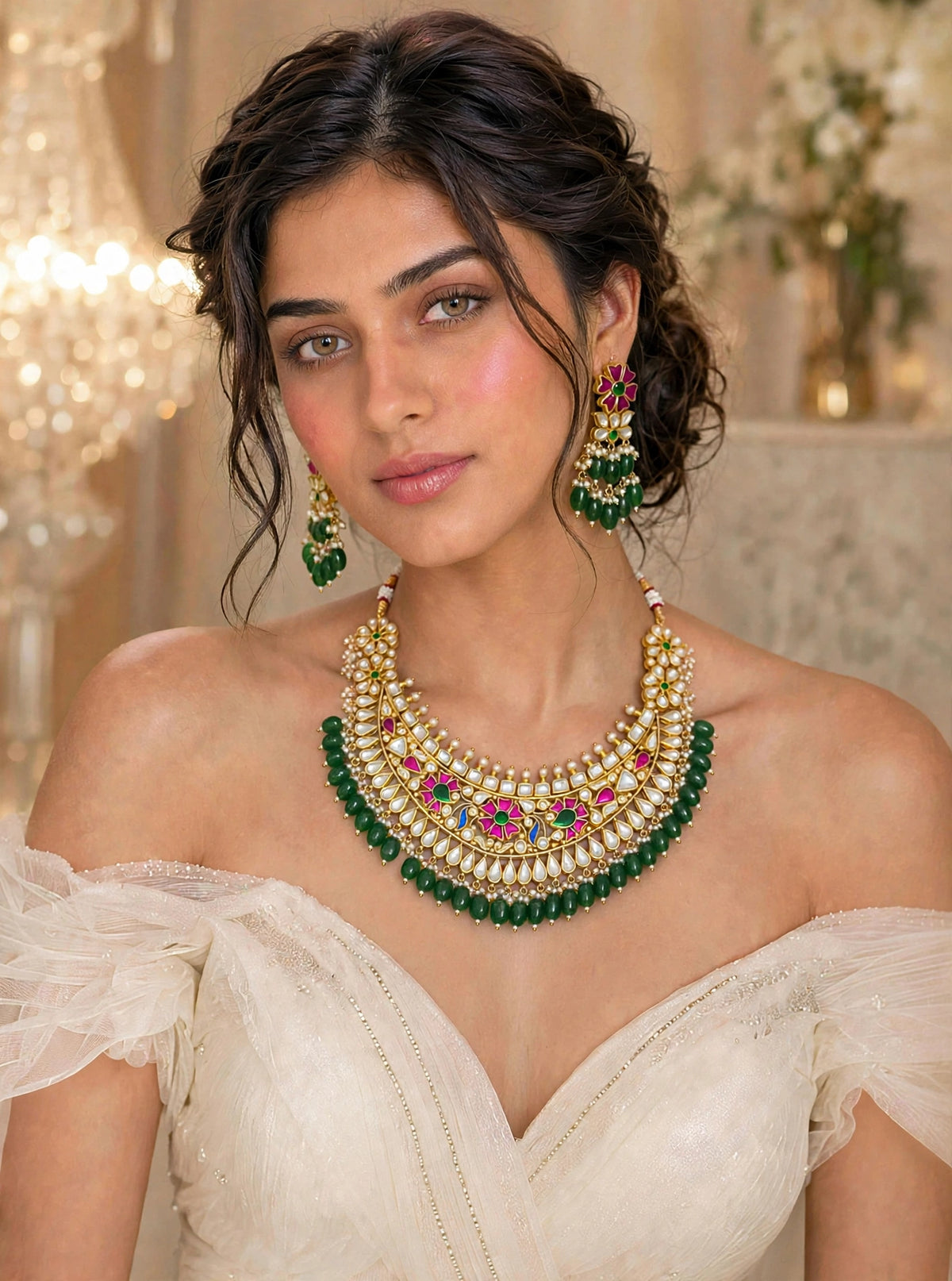 Kundan Jewelry Set, Gold Plated Indian Bridal Necklace, Green Emerald Handmade Earrings