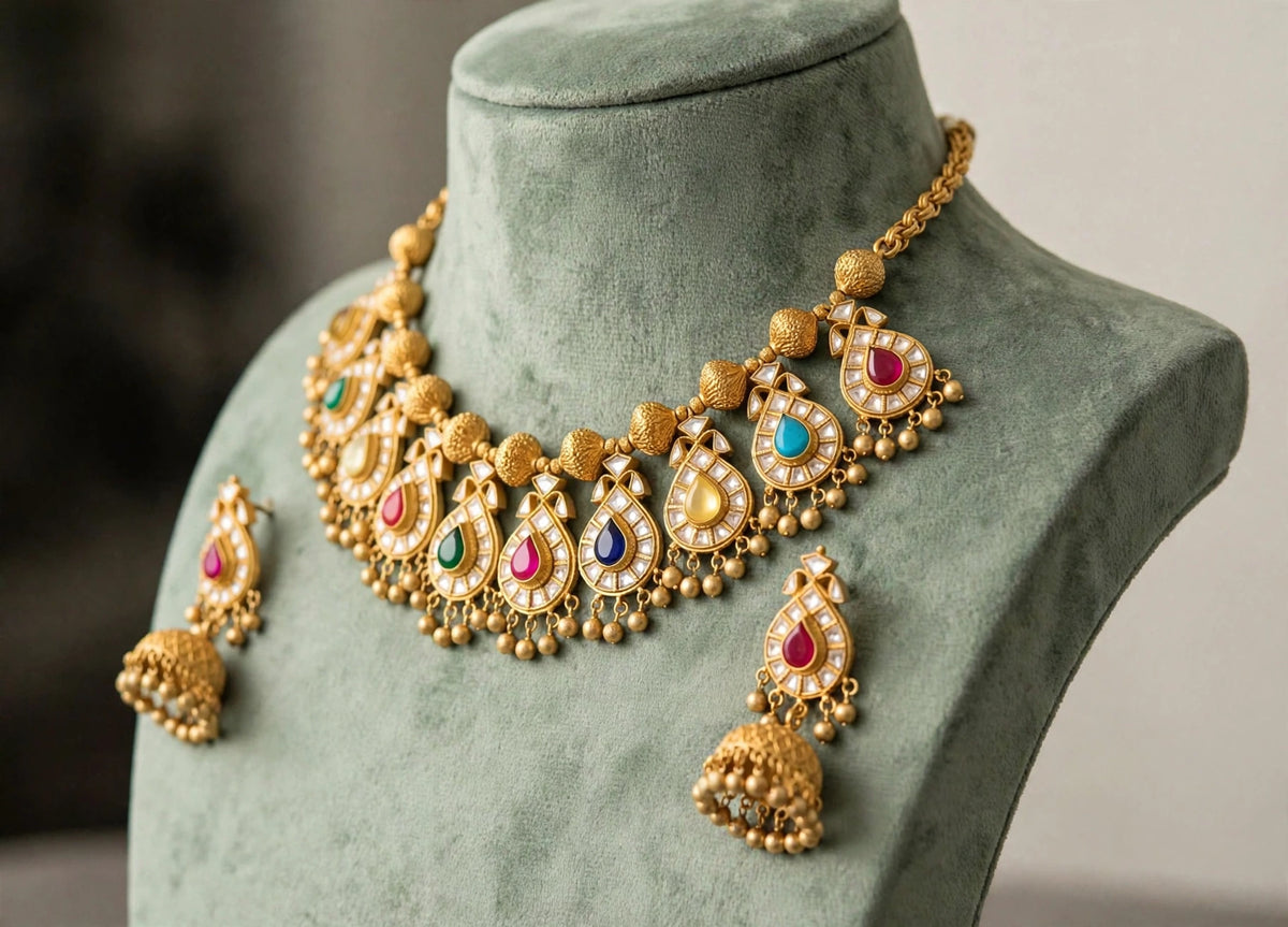 Kundan Choker Necklace, South Indian Jewelry, Handmade Earrings with Jhumki
