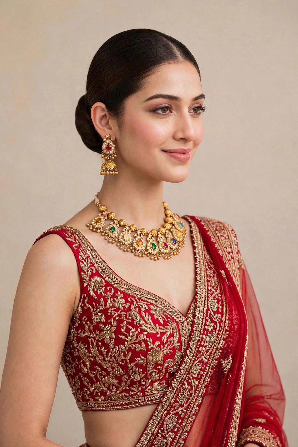 Kundan Choker Necklace, South Indian Jewelry, Handmade Earrings with Jhumki