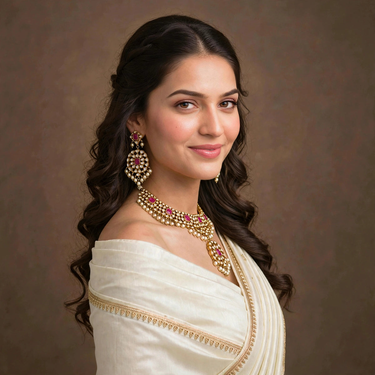 Handmade Kundan Choker Necklace with Earrings , 22k Gold Plated Indian Wedding Jewellery Sets