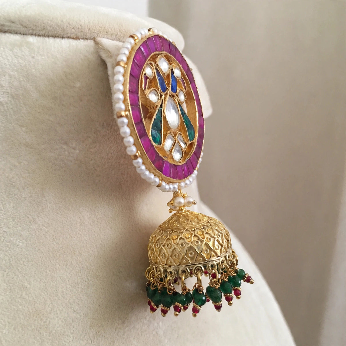 Handmade Kundan Jumkhi Earrings, Indian Peacock Jewelry, Gold Finish Earring