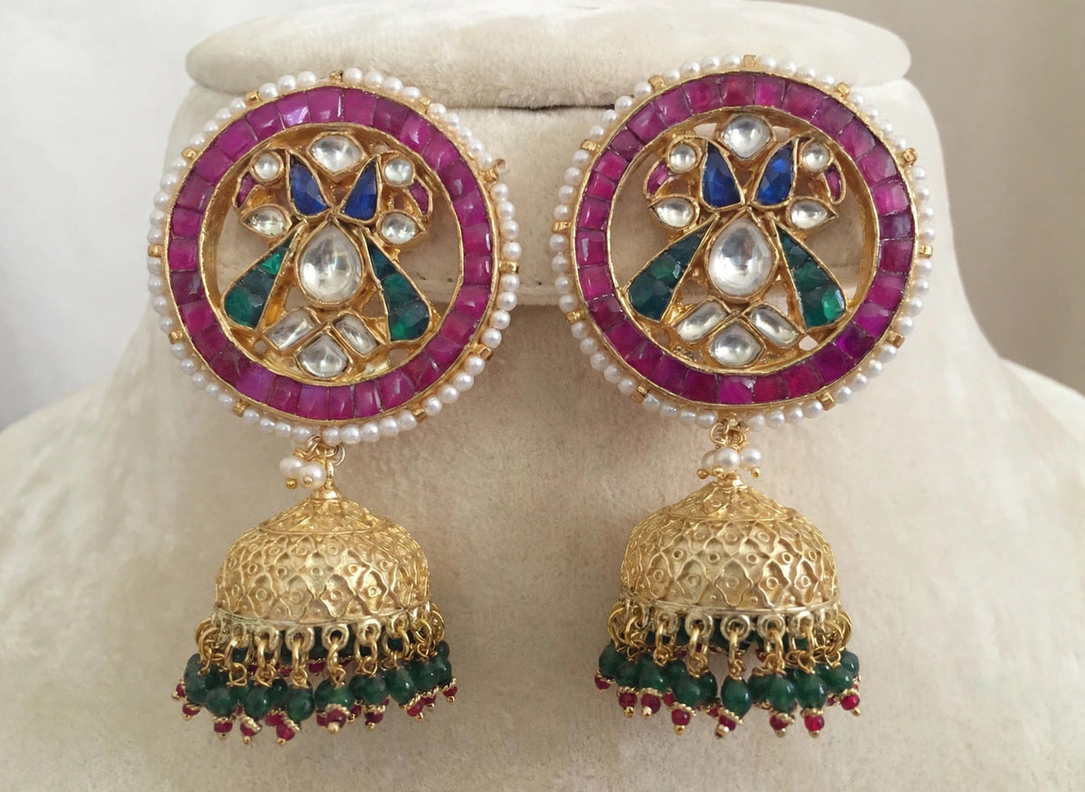 Handmade Kundan Jumkhi Earrings, Indian Peacock Jewelry, Gold Finish Earring
