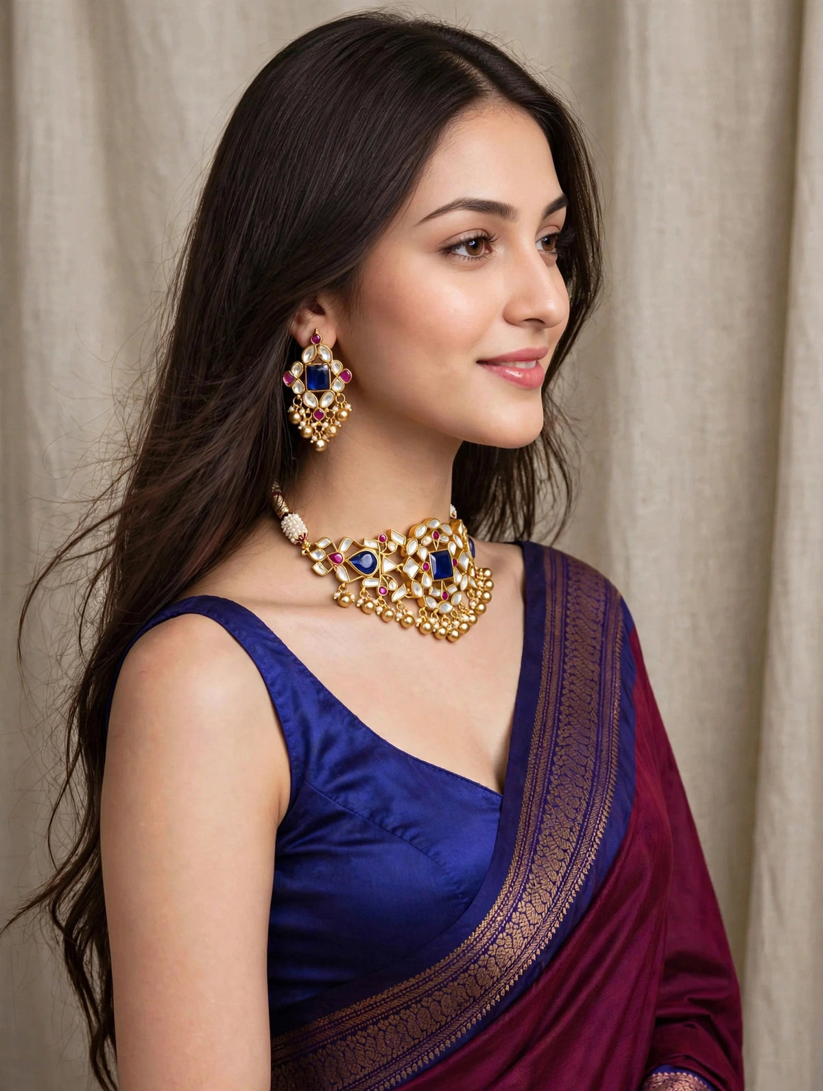 Gold Plated Kundan Choker Necklace with earrings , Indian Bridal Jewelry Set